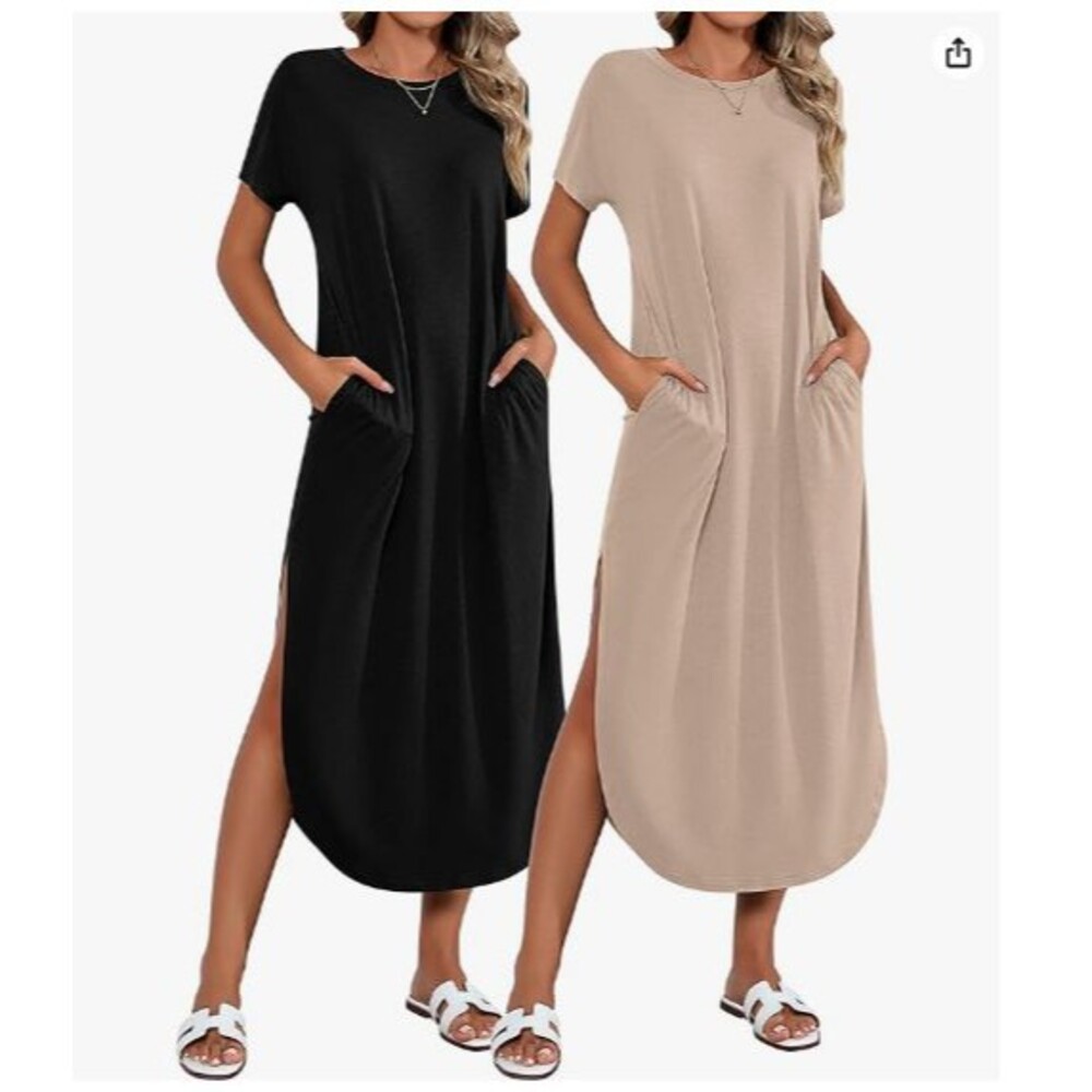 Women’s Maxi Dress XL Short Sleeve 2-Dress Round Neck Loose Long Black/ Apricot